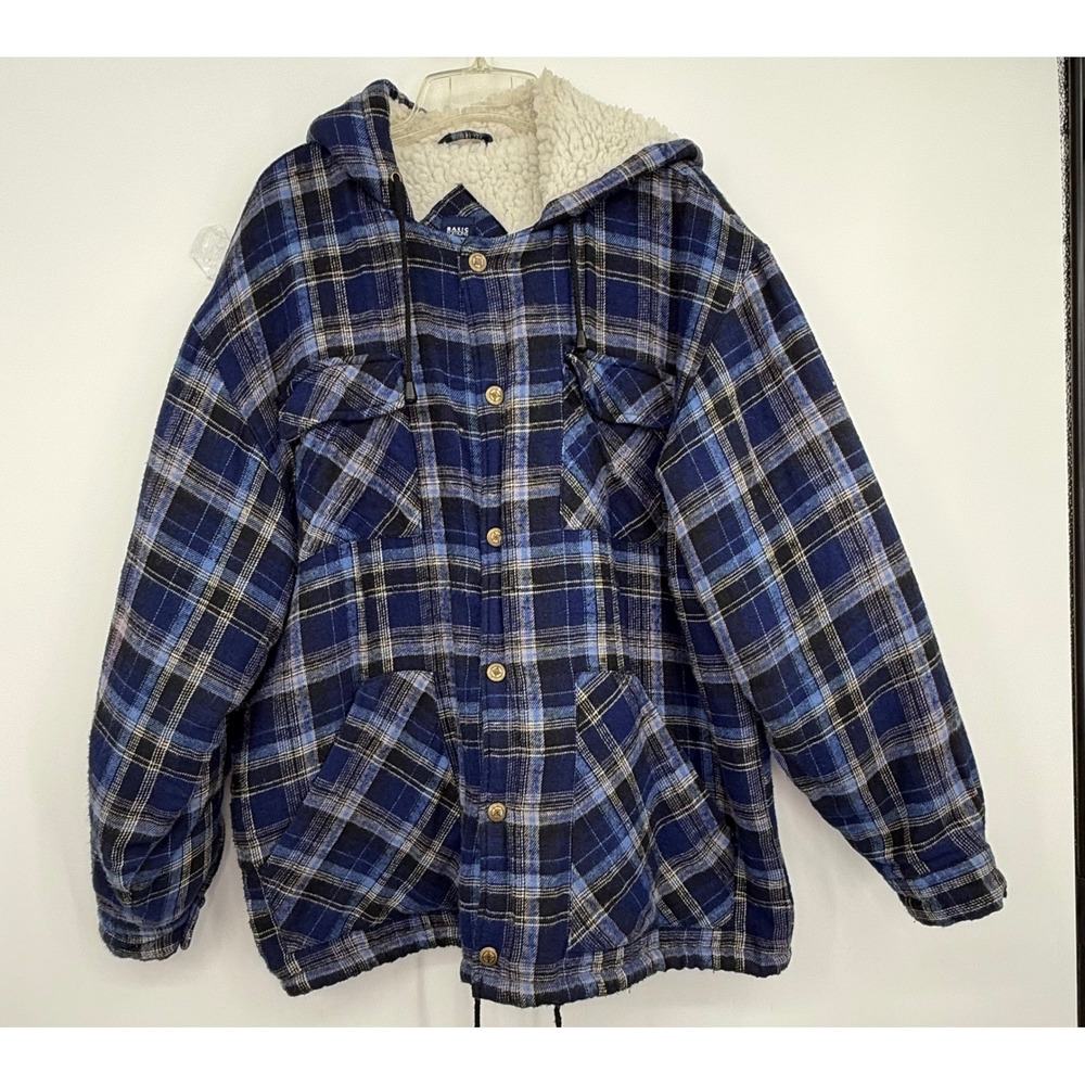 Basic Editions Men Plaid Sherpa Lined Hooded Flannel‎ Shirt Jacket Workwear